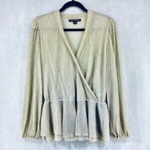 Boston Proper Top Womens M Gold Metallic Faux Wrap Blouse Quiet Luxury Ruffle